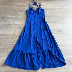 blue midi dress with spaghetti straps and halter straps button-front design